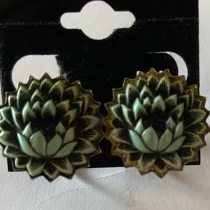 Green Lotus flower Screw on ,clip on earrings